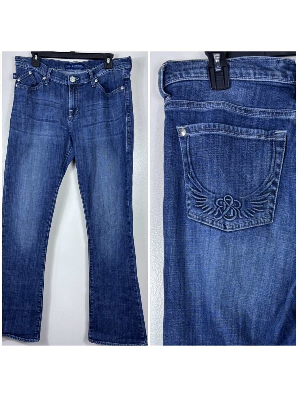 Rock & Republic Jeans Womens 12 Kasandra Bootcut Blue Denim Embossed Wing Pocket